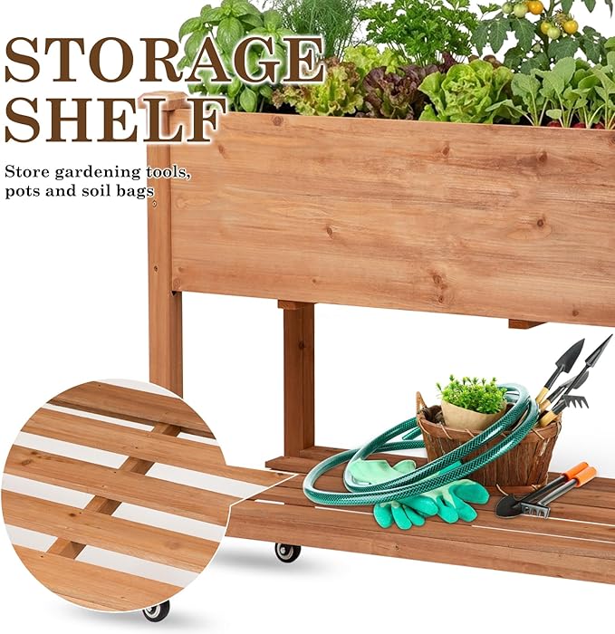 Raised Garden Bed with Lockable Wheels, 32x16x32 inch Elevated Wood Planter with Storage Shelf Protective Liner for Vegetable Flower Herb Outdoor Balcony Patio Backyard, Brown
