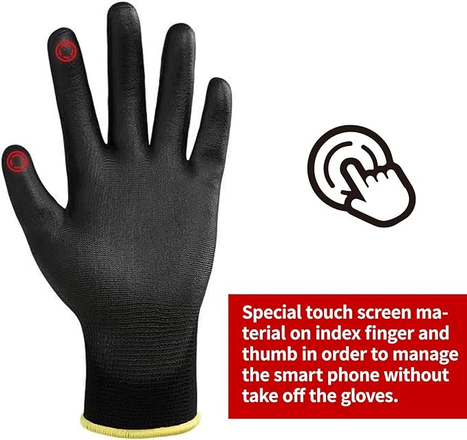 DULFINE Safety Work Gloves PU Coated for Men and Women-12 Pairs,Black Seamless Knit Glove with Two Fingers Touchscreen,Ideal for General Duty Work (XX-Large)