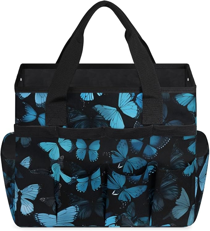 Butterfly Blue Gardening Tool Bag,Heavy Duty Garden Tote Bag,Portable Oxford Gardening Storage Basket Organizer Handbag with Pockets Handle,Hand Tools Gifts for Outdoor Garden Lawn Yard