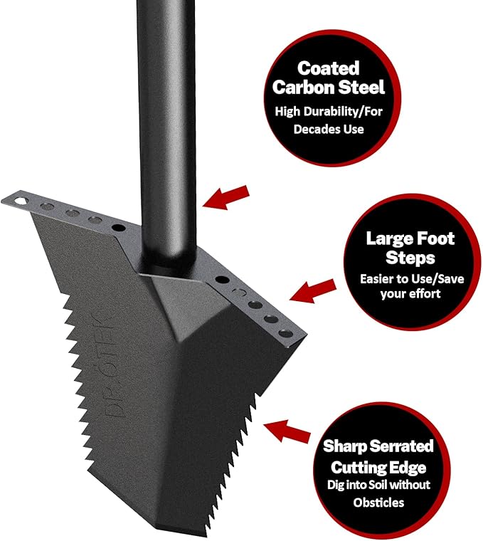 DR.ÖTEK Spade Shovel, Heavy Duty Digging Tool T Handle, Serrated Blade, Root Cutter with Long Short Handle, Garden Spade for Metal Detecting, Transplanting, Trenching, 31 & 45 Inches, 4.5 Pounds