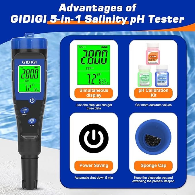 Salt Tester for Pool, pH Meter Digital 5-in-1 pH TDS EC Salt Content Meter with Calibration Solution Set, pH ppm Meter for Salt Water Pool, Aquarium, Hot Tub, Spa, Hydroponics, Home Brew