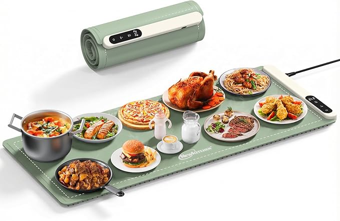 Warming Mat for Food, 36"x16" Food Warming Mat 6 Temperature & Timer Settings Upgrade Graphene Fast Full Surface Heating-Versatile Food Warmer for Gatherings, Parties, Everyday Use-Slate Gray Green