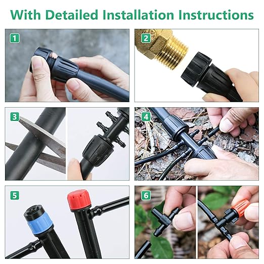 256FT Drip Irrigation System Kit, 163PCS Automatic Garden Watering Misting System with 1/4" Distribution & 1/2" Hose Tubing and Accessories for Greenhouse, Yard, Lawn, Plant