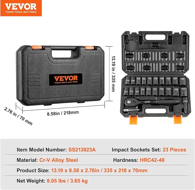 VEVOR 1/2" Drive Impact Socket Set, 23 Piece Socket Set SAE （7/16" -1"）& Metric （13-24mm）6 Point Cr-V Alloy Steel for Auto Repair with Ratchet Handle Rugged Construction Storage Case