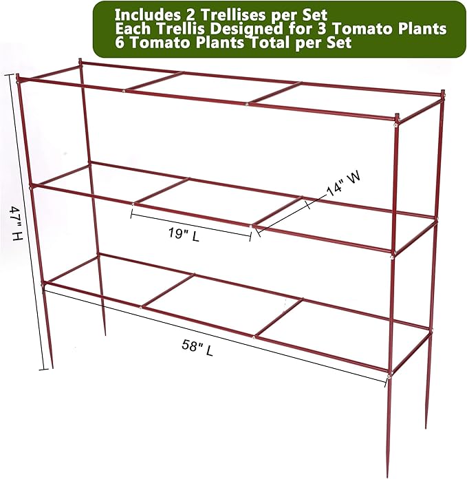 Tomato Cages – 47" H x 58" L x 14" W Row Tomato Trellis, 3-Tier Heavy-Duty Steel Support System for Indeterminate Tomatoes, Supports Up to 6 Plants Per Set