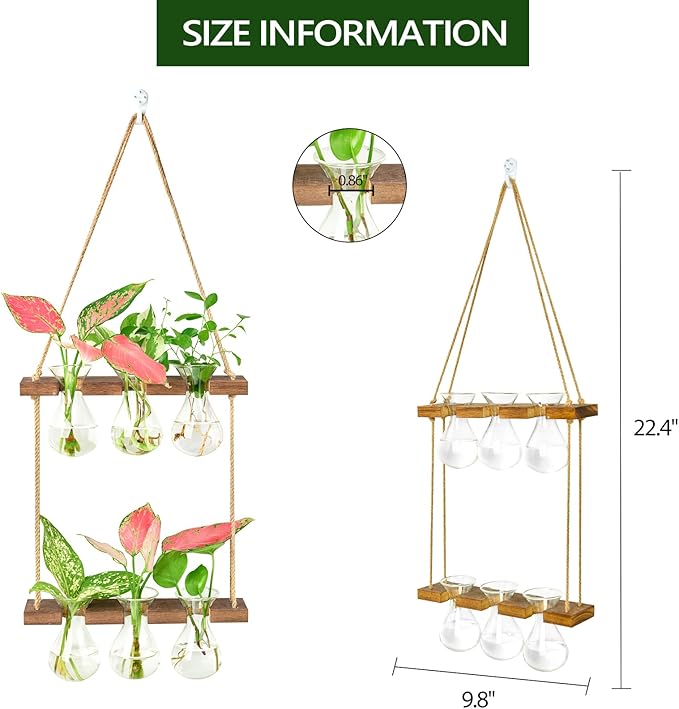 XXXFLOWER Wall Hanging Propagation Station with Wooden Stand 3 Bulb Vase 2 Tiers Planters Wall Terrarium for Home Office Plant Hanger Flower Vases Wall Decor(Brown)