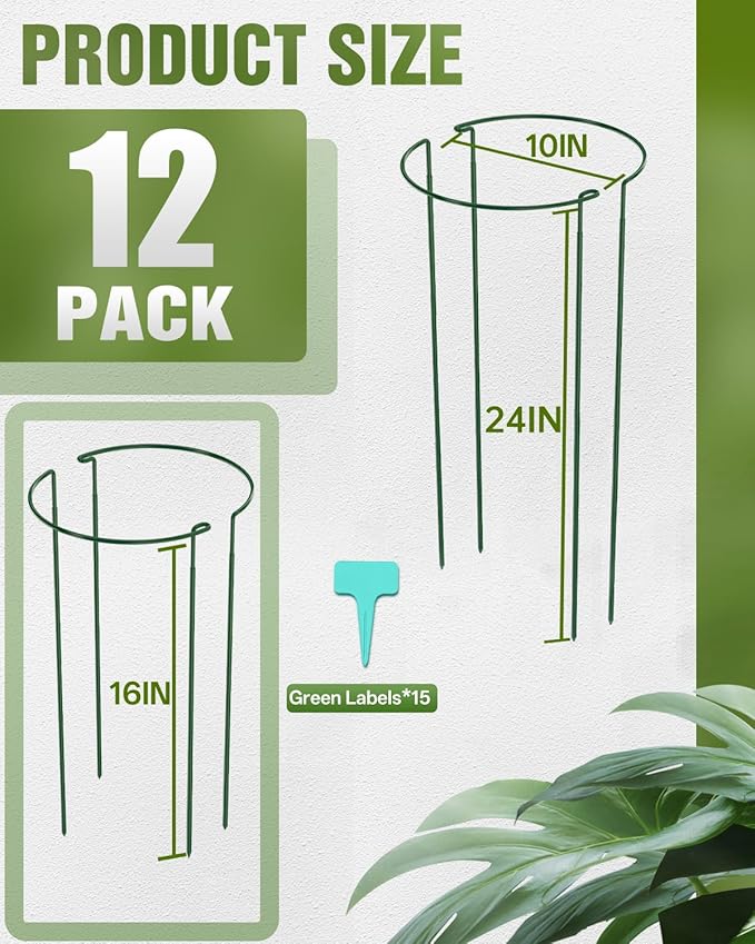 Joyhalo 12 Pack Plant Support Stakes, 24 Inch Plant Stakes for Outdoor Plants, Peony Cage with 15 Pcs Green Lables, Peony Cages and Supports, Peonies Support Cages Flower Stakes for Plants