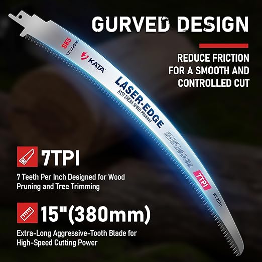 KATA Wood Pruning Reciprocating Saw Blades 15 Inch, Arc Edge SK5 Japanese Teeth Pruning Saw Blade for Cordless Saw, 7TPI Fleam Ground Teeth Curved Blades for Tree Trimming, Wood Cutting, 3-Pack