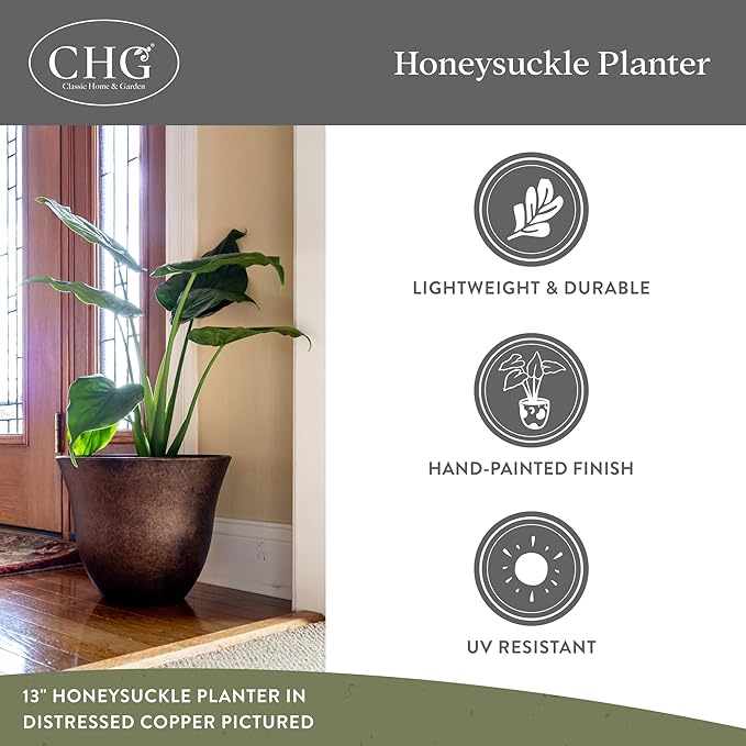 Classic Home and Garden Honeysuckle Resin Planters - Lightweight Indoor & Outdoor Plant Pots - UV-Resistant Plastic Flower Pots - Pot Planters for Flowers & Herbs (15" Stone)