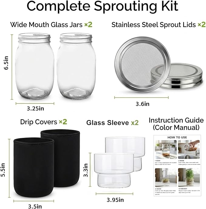 Seed Sprouting Kit 2 Wide Mouth Mason Jars with Stainless Steel Screen Lids & Drip Covers Complete Sprouter Growing Kit for Broccoli, Alfalfa, Mung Beans Home Gardening Gift for Adults & Kids