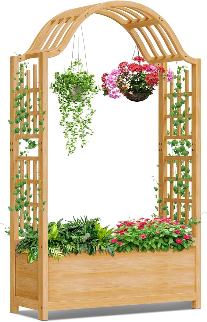 DoCred Raised Garden Bed with Trellis, Freestanding Wood Planter Box with Hanging Roof, Side Trellis Above Ground Elevated Garden Bed Outdoor Planter with Arch Trellis for Climbing Plants Vines Patio