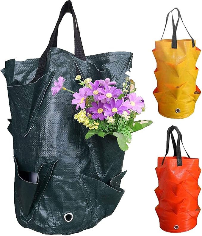 3 pcs Hanging Planter Bag with Handles, Plastic Hanging Strawberry Planting Containers Strawberry Grow Bags Foldable Durable Growing Bags Grow Planter for Growing Vegetables Flowers Herb Plant