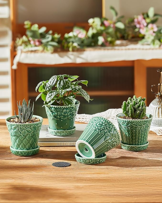 Metahom Succulent Ceramic Pots, 3.8 Inch Small Plant Pots with Drainage Hole & Saucer, Flower Planter Pot for Indoor Plants Cacti, Home Decor, Set of 4, Green