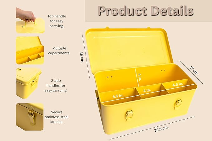 Seed Storage Organizer –Waterproof Metal Seed Box with Storage Bags, Dividers, 4 Compartments with Lid and Safety Locks, Portable Side Handles, Perfect for Garden Seeds, Labels & Tools – Yellow