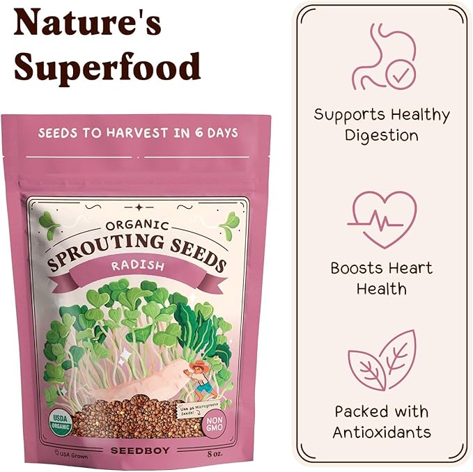 Seedboy Organic Non-GMO Radish Seeds for Sprouting - USA Grown Microgreens Sprouting Seeds - 8 oz Bag Makes 8 Quarts / 24 Servings (Daikon Radish)