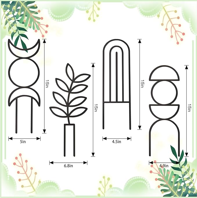 4 Pcs Indoor Plant Trellis for Climbing Plants, Small Trellis for Potted Plants, Garden Metal Trellis Plant Support Trellis with Different Patterns for Vine Ivy Flower (Boho)