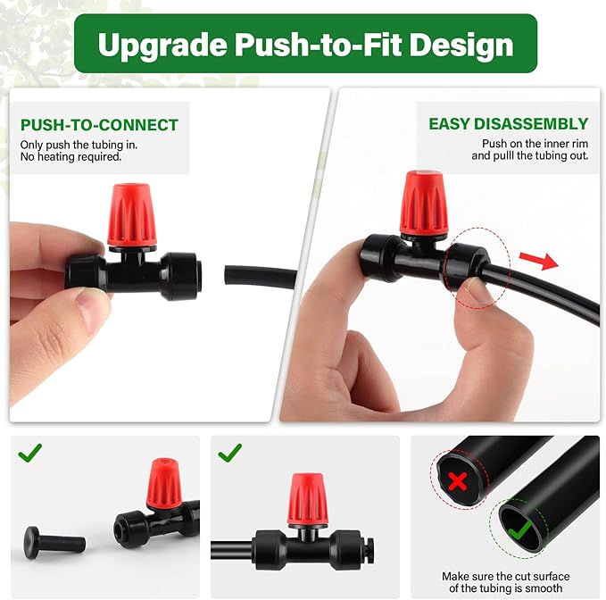 Kalolary 30Pcs Push-to-Fit Drip Irrigation Spray Emitters for 1/4" Tubing,Three-Way Adjustable Atomizing Nozzle Micro Irrigation Dripper Sprinklers with 6PCS End Plugs for Irrigation System(Red)