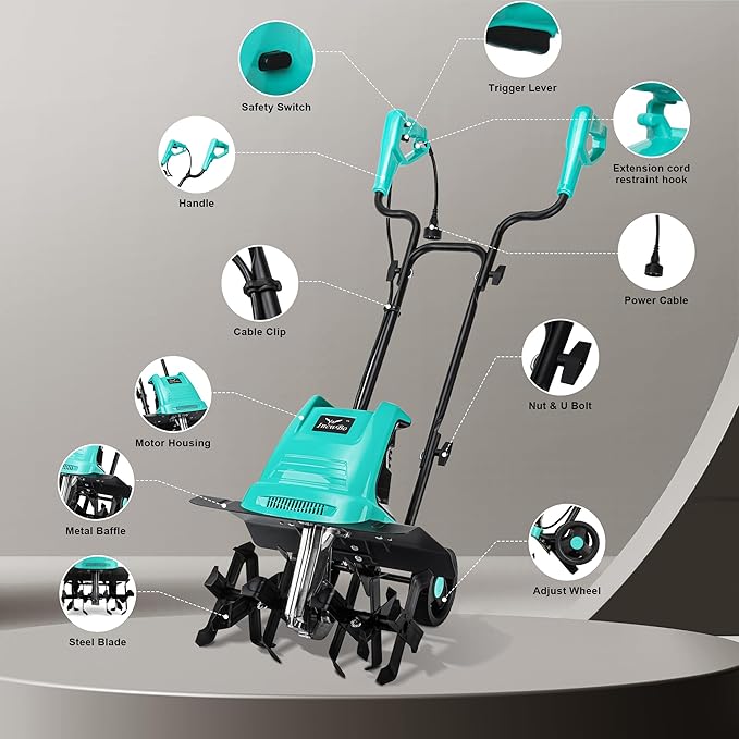 IncwBo Tiller 13.5AMP Rototiller for Garden Corded Electric Tiller Garden Electric Cultivator 8Inch Depth 16Inch Width Tiller for Garden Yard