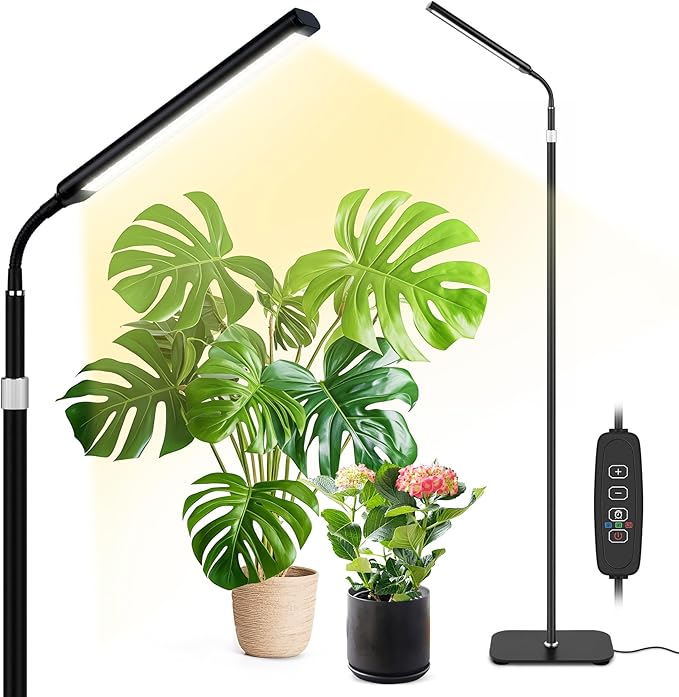 Grow Light for Indoor Plants, Full Spectrum LED Grow Light with Stand, Auto On/Off Timer, Height Adjustable Floor Plant Lamp with Gooseneck, 10-Level Dimmable Light for Small Tall Houseplants