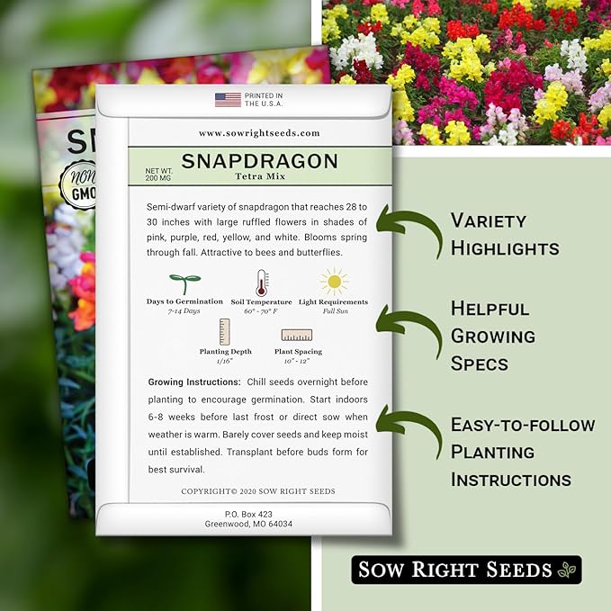 Sow Right Seeds - Tetra Mix Snapdragon Flower Seeds for Planting - Non-GMO Heirloom Packet with Instructions to Grow - Fragrant Annual Flower Spikes in a Mix of Colors - Half Tall for Front Beds (2)