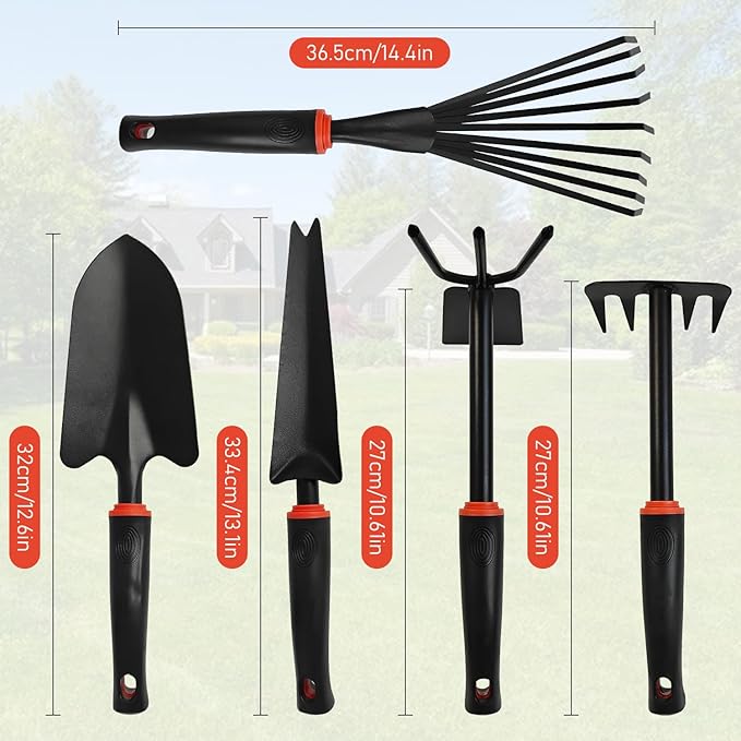 FR 5-Piece Garden Tool Set – Heavy Duty Hand Weeder Kit with Trowel, Cultivator & Rake – Ergonomic Manual Gardening Tools for Digging, Planting & Weed Removal in Lawn & Flower Beds