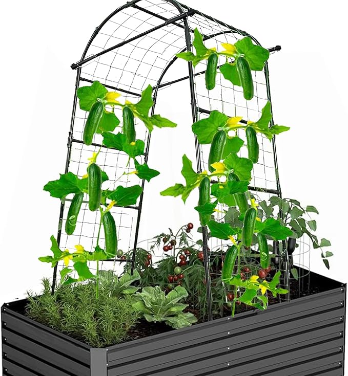 7FT Tall Garden Arch Trellis for Climbing Plants Outdoor Cucumber Trelli for Raised Bed, Metal Trellis Support with Net for Vegetables Tomato Zucchini Squash Beans Peas Melons, Rose Flowers,Vines