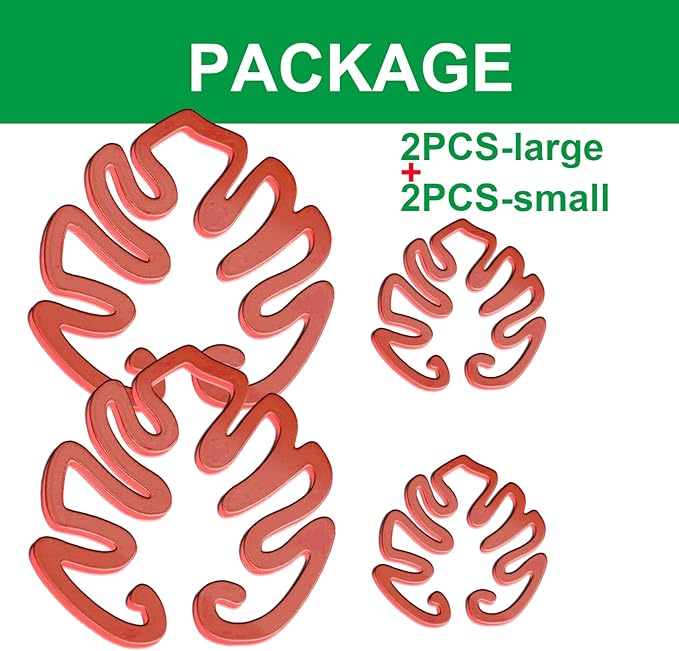 4PACKS Unique & Aesthetic Monstera Leaf Shape Grapple Plant Support, Grappler Rings, Plant Support Monstera with Ties, Keeps Plants Tame & Growing Vertical (red)