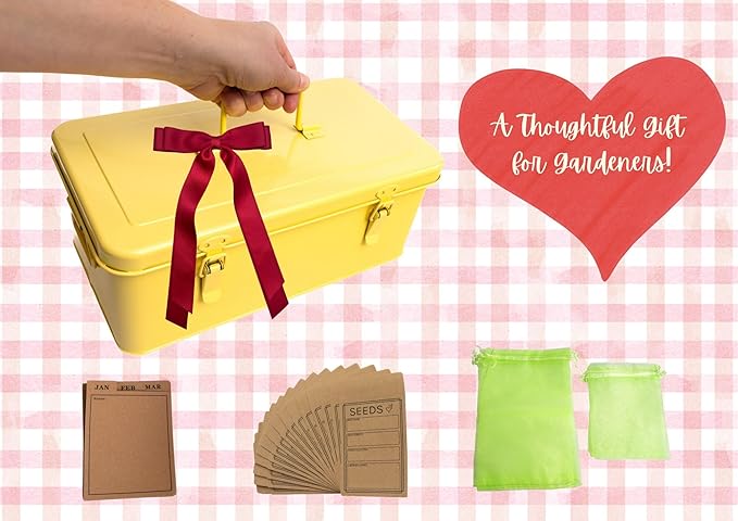 Seed Storage Organizer –Waterproof Metal Seed Box with Storage Bags, Dividers, 4 Compartments with Lid and Safety Locks, Portable Side Handles, Perfect for Garden Seeds, Labels & Tools – Yellow