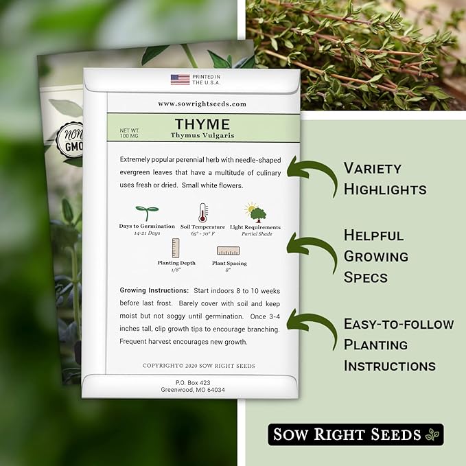Sow Right Seeds - Thyme Seed for Planting - Non-GMO Heirloom Packet with Instructions for Easy Planting Your Kitchen Herb Garden - Indoor or Outdoor - Great for Hydroponics Growing - Culinary Herb (2)