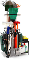 Garden Tool Organizer with 2-Tier Steel Shelves, Holds 50 Long-Handled Tools/Rakes/Brooms/Shovles for Garage Organization and Storage, Shed, Outdoor, Lawn, Heavy-Duty Steel, Black, Easy Assembly