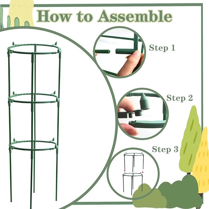 12pcs Multi-Layer Stackable Adjustable Plant Support Stakes Round Cage Holder, 10pcs Plant Support Sticks with Clips, 5pcs Connect Pipes with a Roll Green Ties for Indoor Outdoor Pots Plants