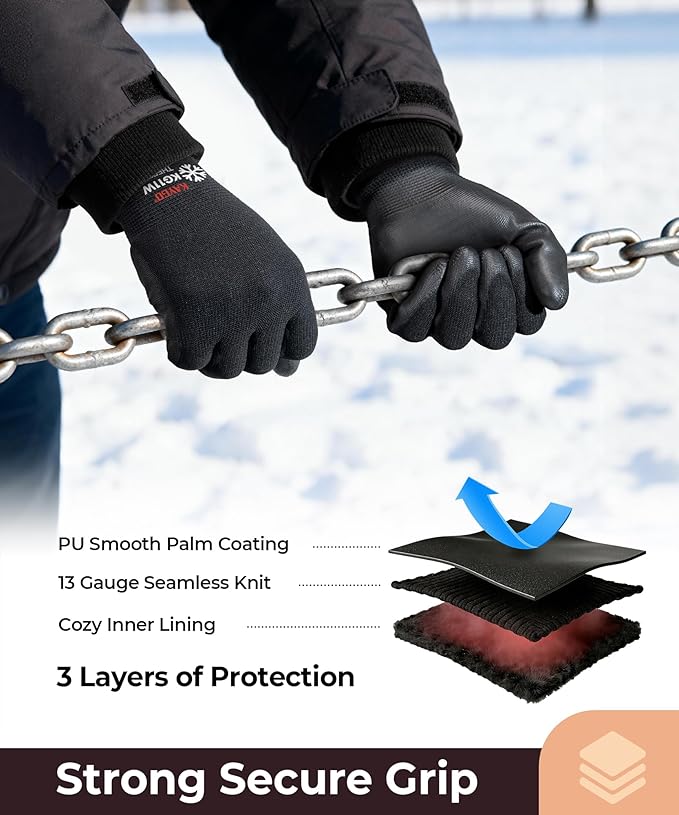 KAYGO 12 Pairs Winter Work Gloves for Men and Women, Thermal Insulated Safety Work Gloves PU Coated, Super Grip,Ideal for Freezer Work,Black,S