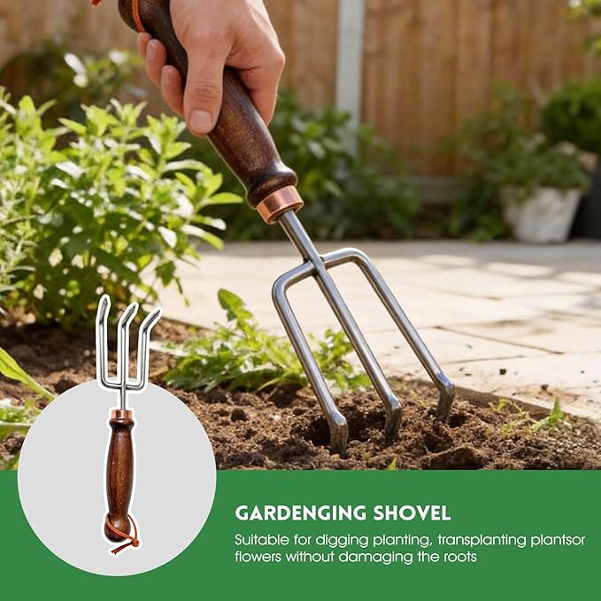 Gardening Tools, 4 Pack Garden Tool Set with Wooden Handles Hand Tools with Transplanting Hand Shovel, Rake and Root Picker Ideal for Digging and Planting