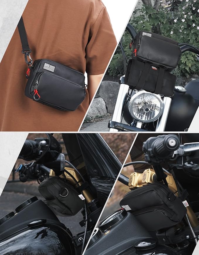 KEMIMOTO Motorcycle Handlebar Bag with Waterproof Cover Universal Bicycle Handle Bar Tool Bag for Front Fork Sissy Bar Compatible with Cruiser Softail Dyna Sportster Dirtbike Carbon Fiber