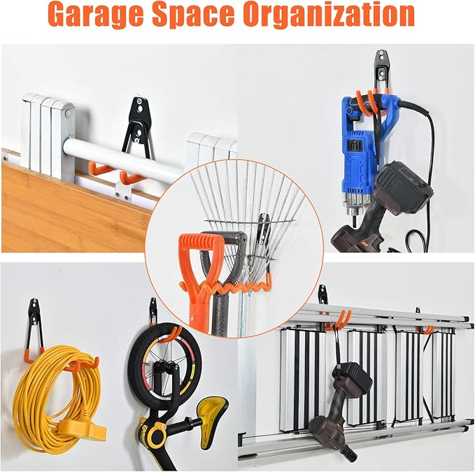 AOBEN 24PCS Garage Hooks, Heavy Duty Double Garage Hanger Organizer Wall Mount Iron Anti-Slip Garage Storage Hooks for Ladder, Power Tool,Bike,Ropes（23 Hooks & 1 hoder Strap-Orange
