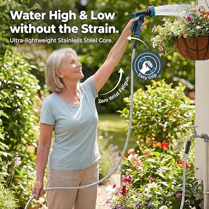 LINODI Metal Garden Hose, 50ft Stainless Steel Garden Hose – 3/4" GHT Solid Brass Connectors – Heavy Duty Flexible Metal Water Hose with 10-Way Spray Nozzle – Kink-Free Watering Kit