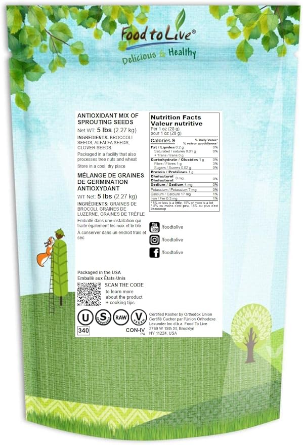 Food to Live - Antioxidant Mix of Sprouting Seeds, 5 Pounds — Broccoli, Clover, Alfalfa, Kosher, Raw, Vegan