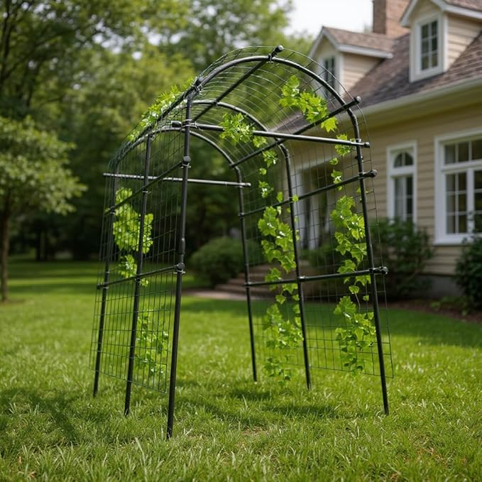 7.5FT Metal Garden Arch Trellis with Netting, Adjustable 35"–45" Arbor for Climbing Plants, Roses, Grapes & Vegetables, Weatherproof Steel Pergola with Ground Clips, Easy Fold-Out Assembly