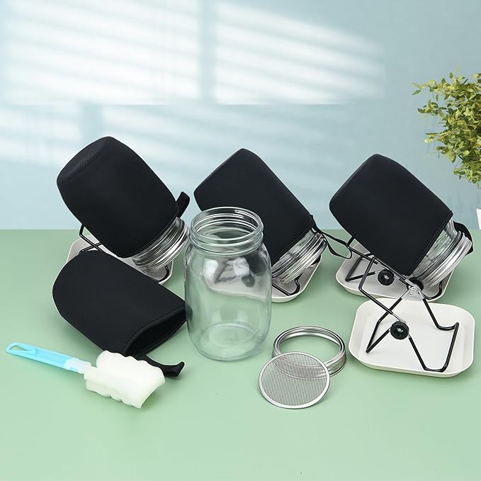 4Pack Sprouting Kit,1000ml Sprouting Jar with Mesh Lids and Stands, Microgreens Sprouts Growing Kit, Broccoli Sprouts Seeds Sprouting Jars with Screen Lids,Blackout Sleeves, Tray