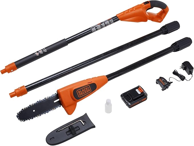 BLACK+DECKER 20V MAX Cordless Pole Saw Kit with Battery and Charger Included, 14-Inch Battery Pole Saw, Includes Oil Bottle, Wrench and Blade Guard (LPP120)