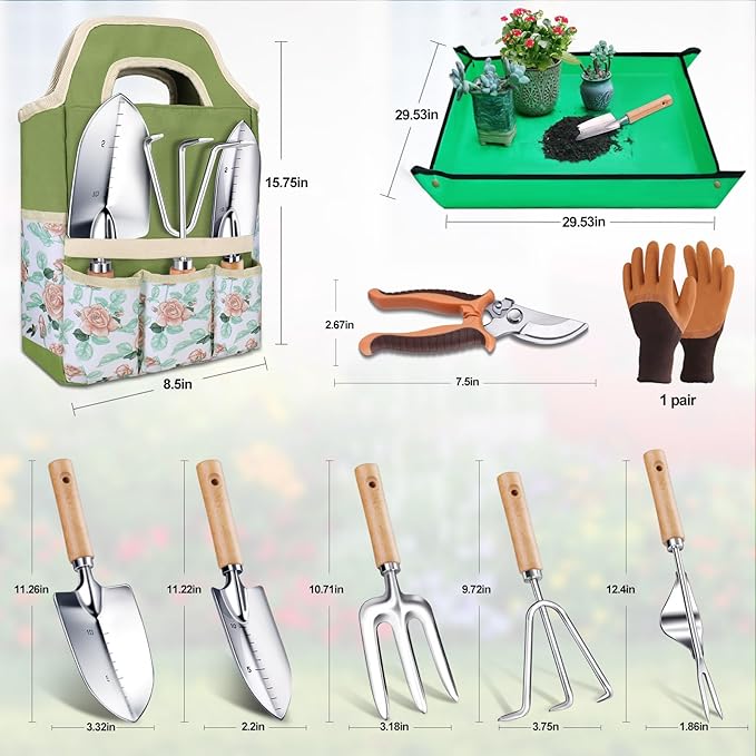 Kynup Gardening Tools, Garden Tools Set-9 Piece Gardening Gift for Women, Gardening Kit Ideal Hand Garden Tool, Thickened Stainless Steel, Rust-Proof, Garden Supplies, Essentials, Garden Stuff