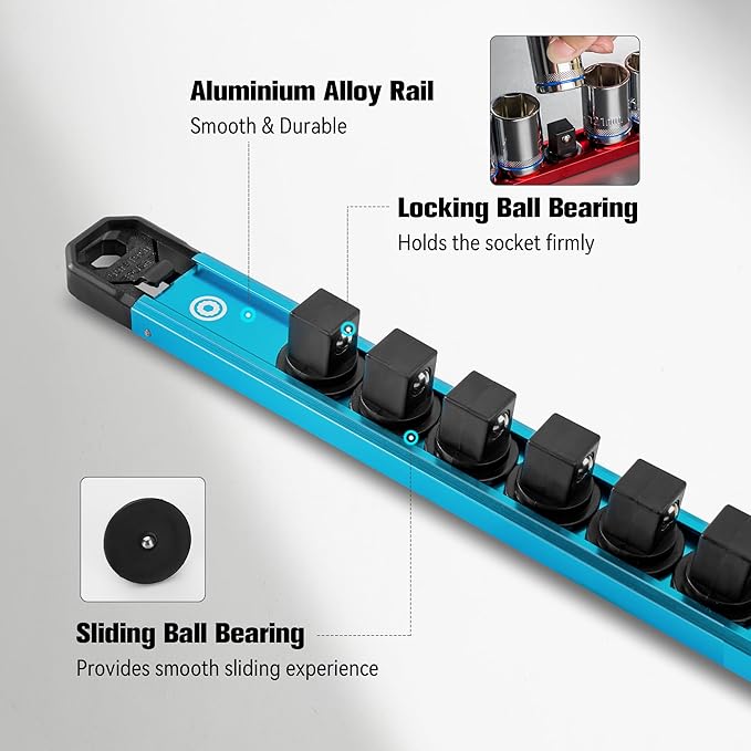 DURATECH Magnetic Socket Organizer Set, 1/4”, 3/8”, 1/2” Aluminum Alloy Socket Rail with 96 Clips, Socket Holder for Tool Box Drawer, Tool Cart and Garage Organization(9PCS)