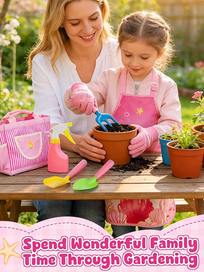 Kids Gardening Tool Set - Garden Tools for Kids with Shovel Trowel Rake Apron Gloves Watering Can and Tote Bag, Outdoor Toys Great Gifts for 3 4 5 6 7 8+ Years Old Girls (Upward Mermaid Tail)