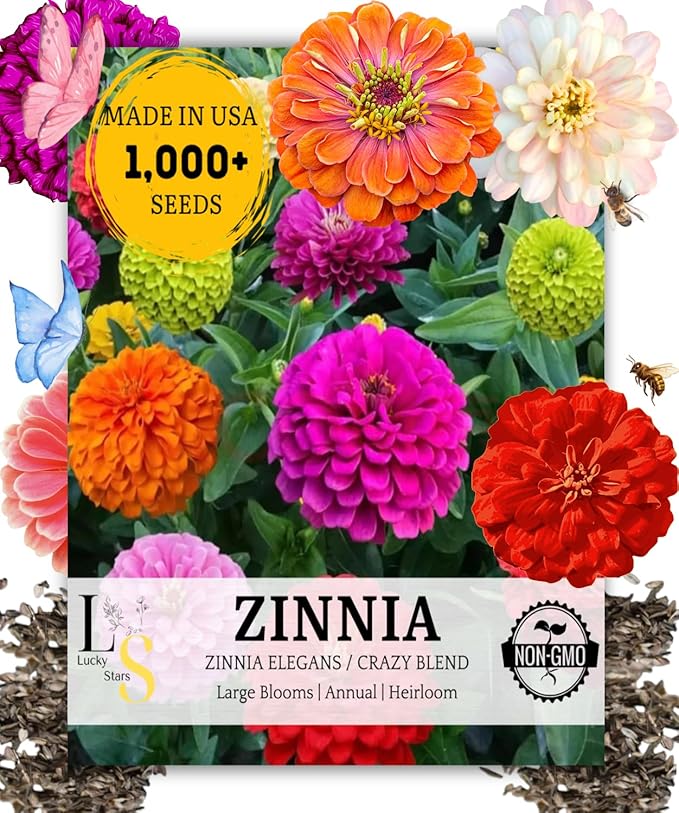 1000+ Crazy Blend Zinnia Seeds for Planting, Heat & Drought Tolerant, Zinnia Elegans Lilliput Seeds, Garden Cut Flower Mix, Non GMO, Untreated Mixed Color Zinnia Flowers