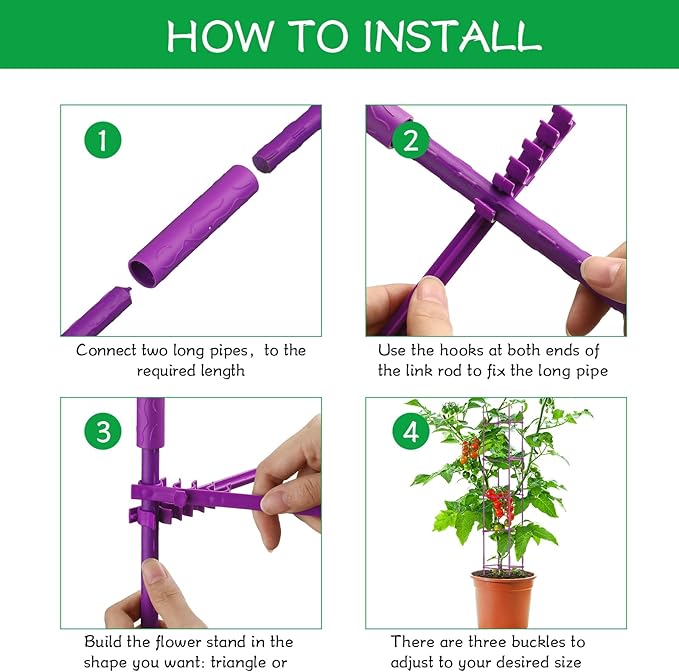 4 Packs Large Tomato Cages for Garden up to 6.5ft Heavy Duty Tomato Plant Trellis with 80 Clips Assembled Plant Support Cages with Adjustable Stake Arms for Vegetables, Climbing Plants (Purple)