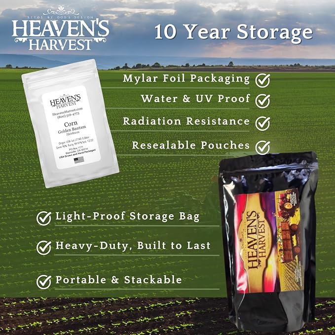 Heaven's Harvest Survival Seed Bank Kit (+Free Bonus eBook!) — 5 Year Supply of Non-GMO Heirloom Vegetable Seeds for Planting a 1+ Acre Garden Outdoors. Resealable Mylar Bags for 100% Secure Storage.