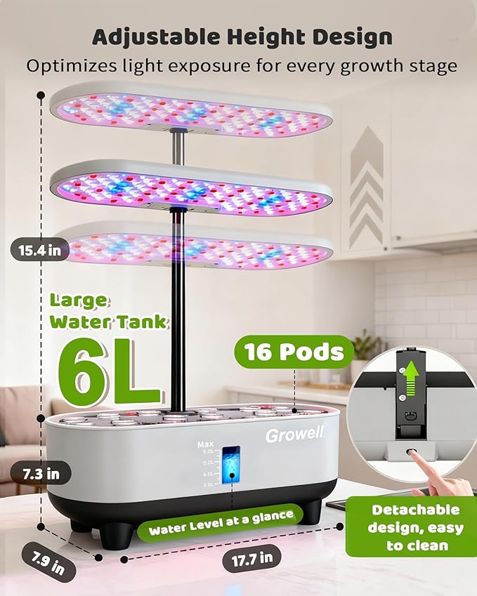 Hydroponics Growing System Kit, 16 Pods, Vertical 8L Indoor Gardening System for Herb Vegetable Fruit, with LED Grow Light, Smart Water Circulation, 3 Light Modes & 2 Timer, Gray