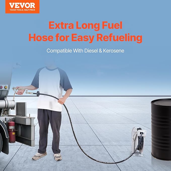 VEVOR Fuel Hose Reel, 1/4" x 50', Extra Long Retractable Grease Hose Reel, Spring Driven Auto Swivel Rewind, Heavy-Duty Carbon Steel Construction with Hose for Auto Repair, Heavy Industries, 5800 PSI