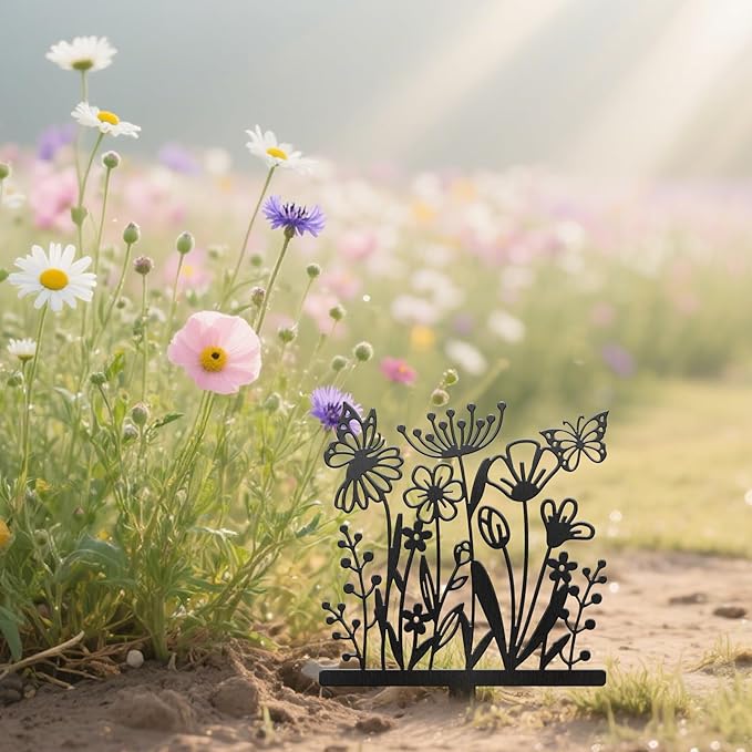 CUTHOLLOW Metal Plant Marker Stake Wildflowers and Butterflies for Outdoor Indoor, Waterproof 11.8 inch Cute Garden Plant Labels Sign Tag for Herb, Farmhouse Greenhouse Decor - Funny Gardening Gifts