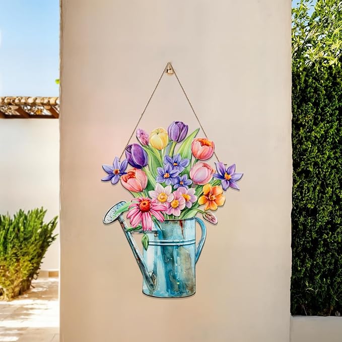 Quterhero Watering Can Flower Wall Decor, Metal Hanging Art for Indoor Outdoor Wall or Porch, Vintage Farmhouse Porch Decor Gift for Mom, Women, Friends (Tulip)